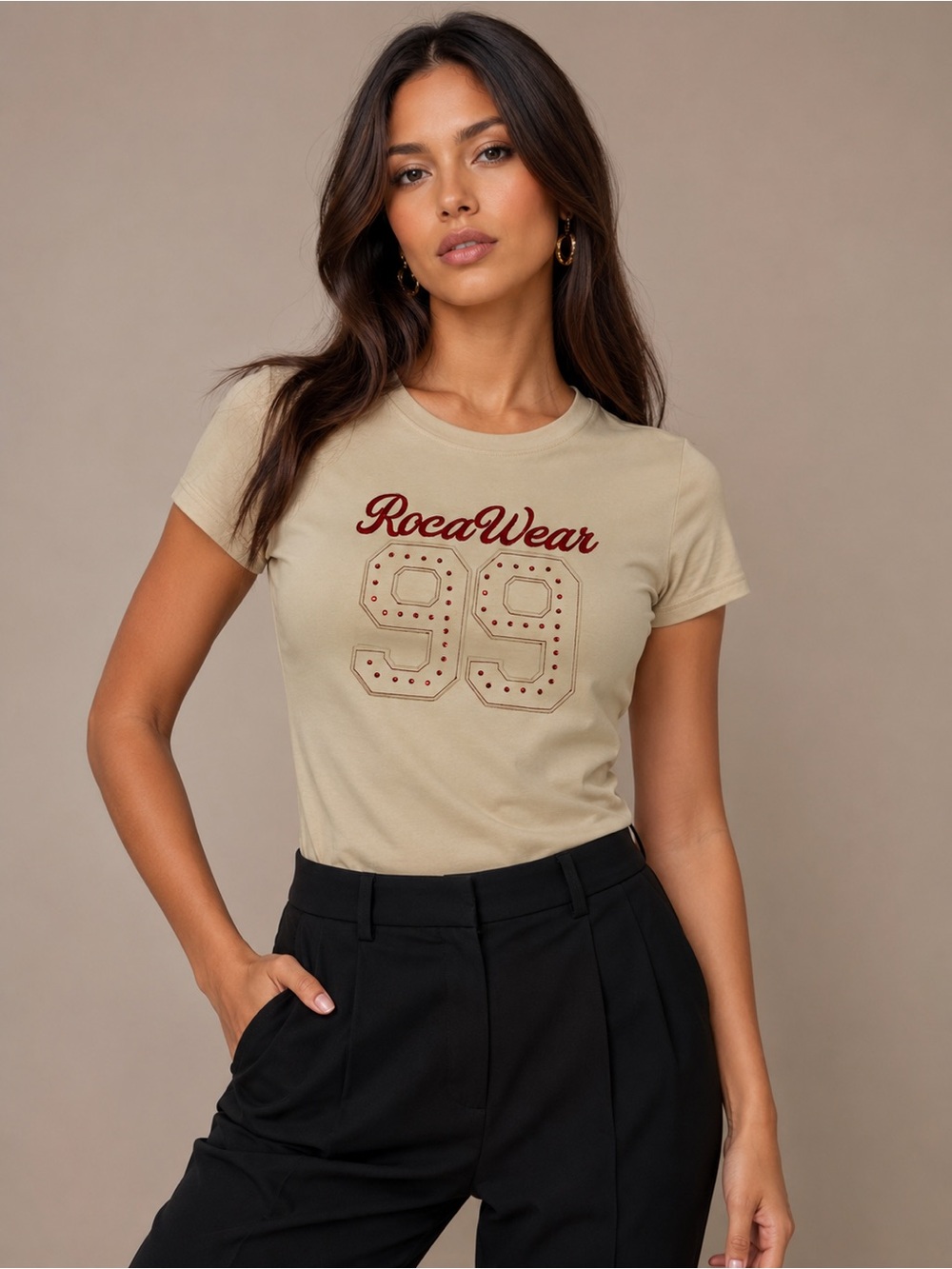 Rocawear Oatmeal Tee with Burgundy Stud Detail